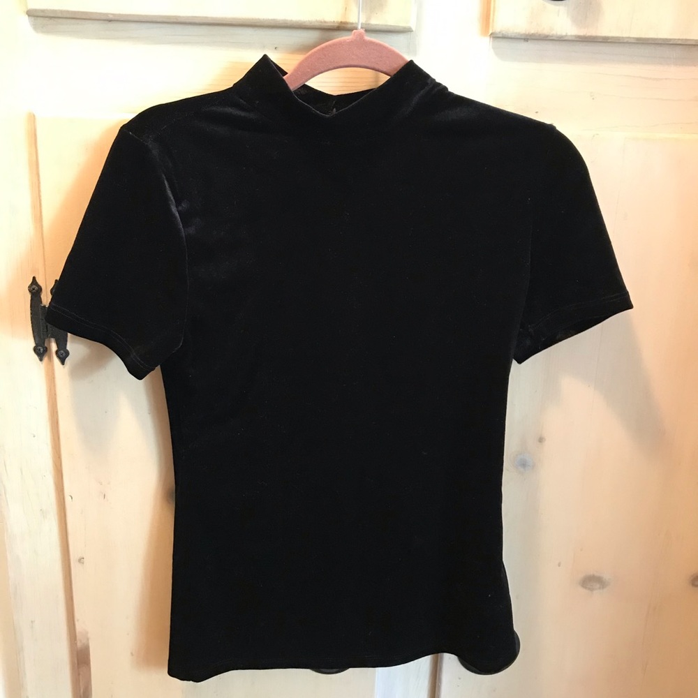 Fitted Black Velvet Mock Neck Shirt